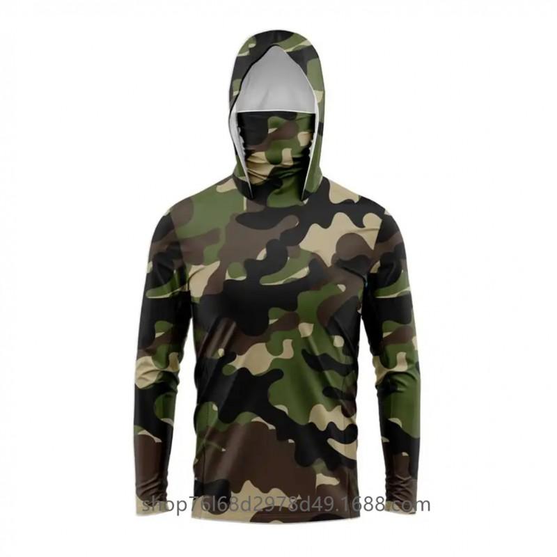 Mens Quick-Dry Ice Silk Long Sleeve UPF 50 Sun Protection Hooded Fishing Shirt With Integrated Face Cover