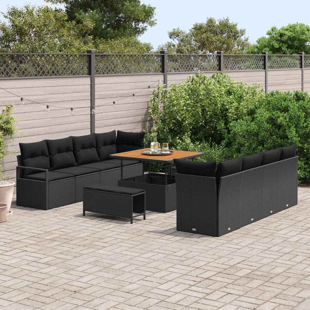 11 Piece Garden Sofa Set with Cushions Black Poly Rattan