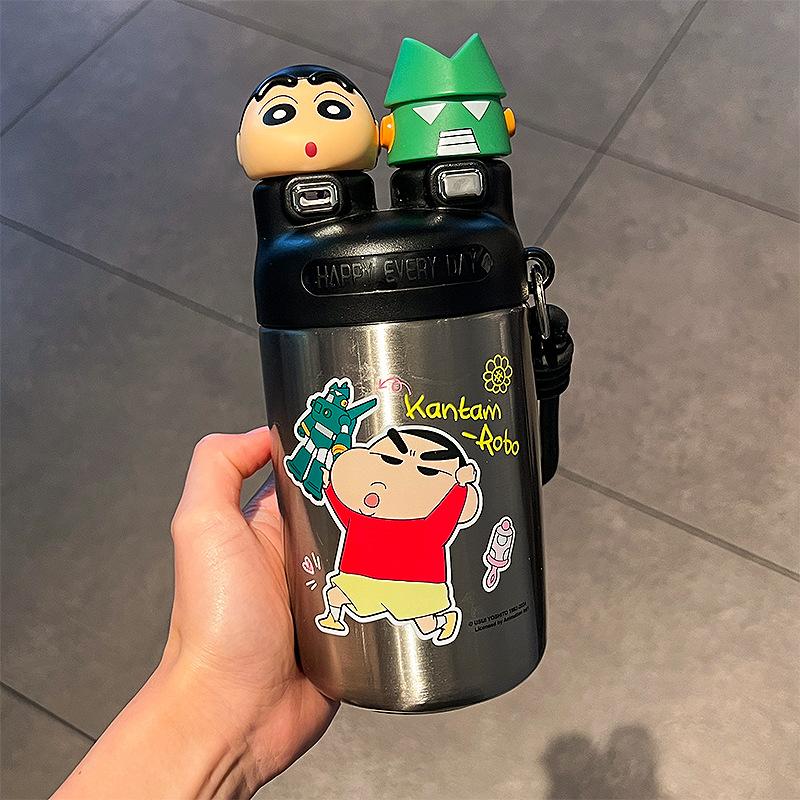 Crayon Small New Water Cup Mug New Womens Fashionable Thermos Flask Cup Students Go To School Water Bottle Male Straw Mug Double Drink