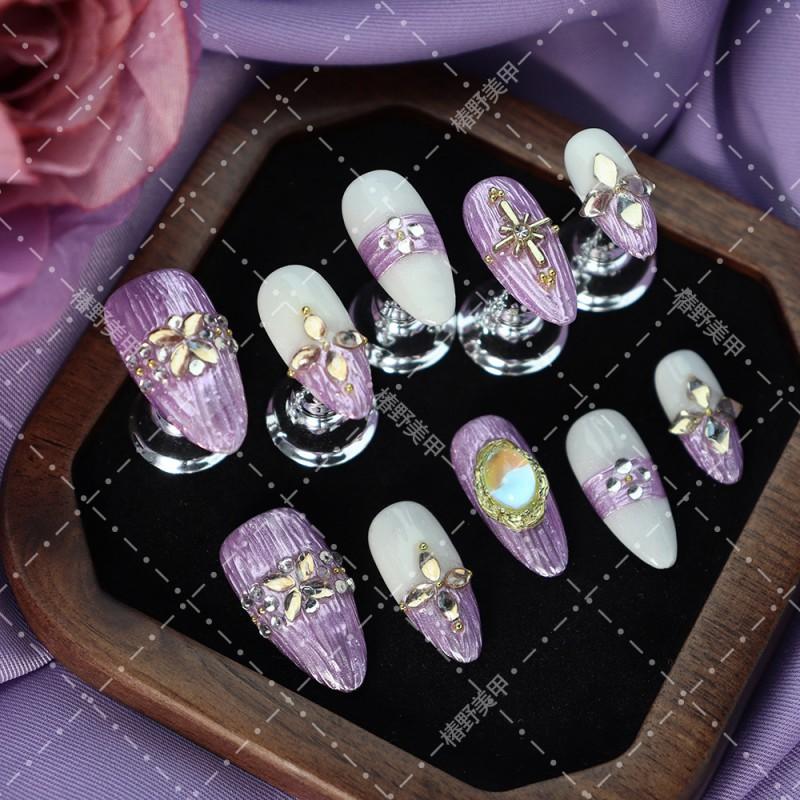 Purple Press-On Nails With Rhombus Star Design Acrylic Almond Shape Thin Invisible Nail Tips Women L Includes 3-piece set: nail tips tools