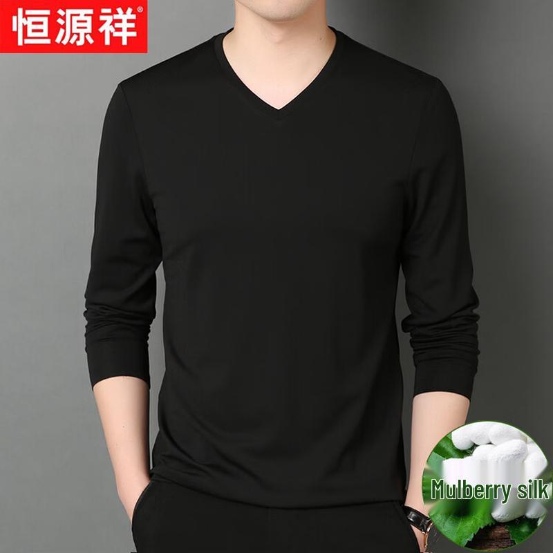 Hengyuanxiang Men s Mulberry Silk V-Neck Long Sleeve T-Shirt 52
