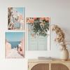 Greece Santorini Poster Print Boho Blush Mediterranean Flowers Canvas Painting Minimalist Modern Wall Art Living Room Home Decor