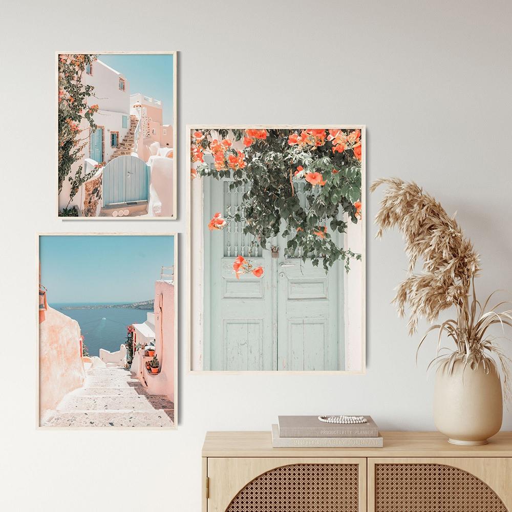Greece Santorini Poster Print Boho Blush Mediterranean Flowers Canvas Painting Minimalist Modern Wall Art Living Room Home Decor