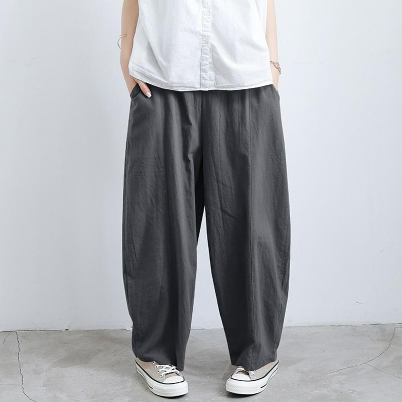 Summer Cotton and Linen Lantern Plus Size Loose Trousers Women s Casual Pants Fat Trousers S серый