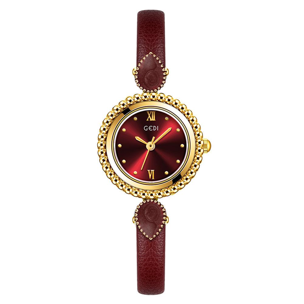 

Womens Minimalist Quartz Watch With Leather Strap And Circular Dial Design For Fashionable Casual Wear Red