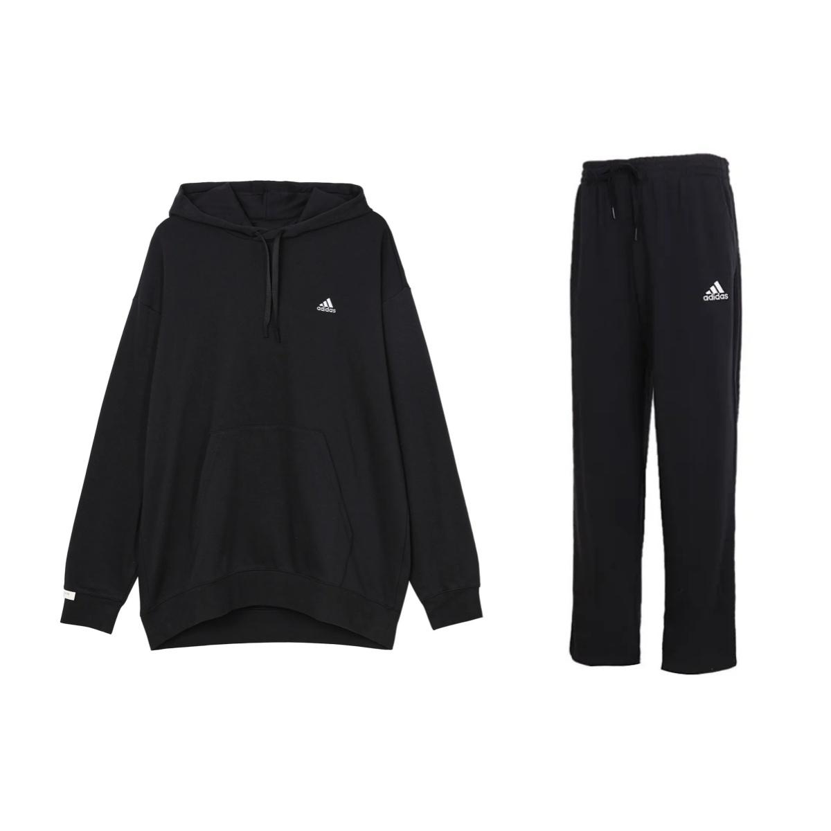 

Adidas Logo Graphic Hooded Pullover Long Sleeve Top And Mid Rise Long Pants Casual Sports Set Men sets Black IV7600+GK9273 L