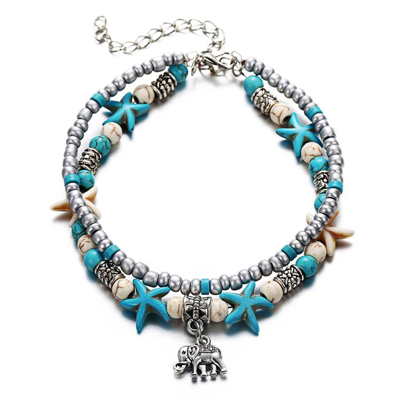 Bohemian Multi-layer Starfish Turtle Anklets For Women Vintage Elephant Owl Beads Chain On Leg Ankle Bracelet Beach Jewelry