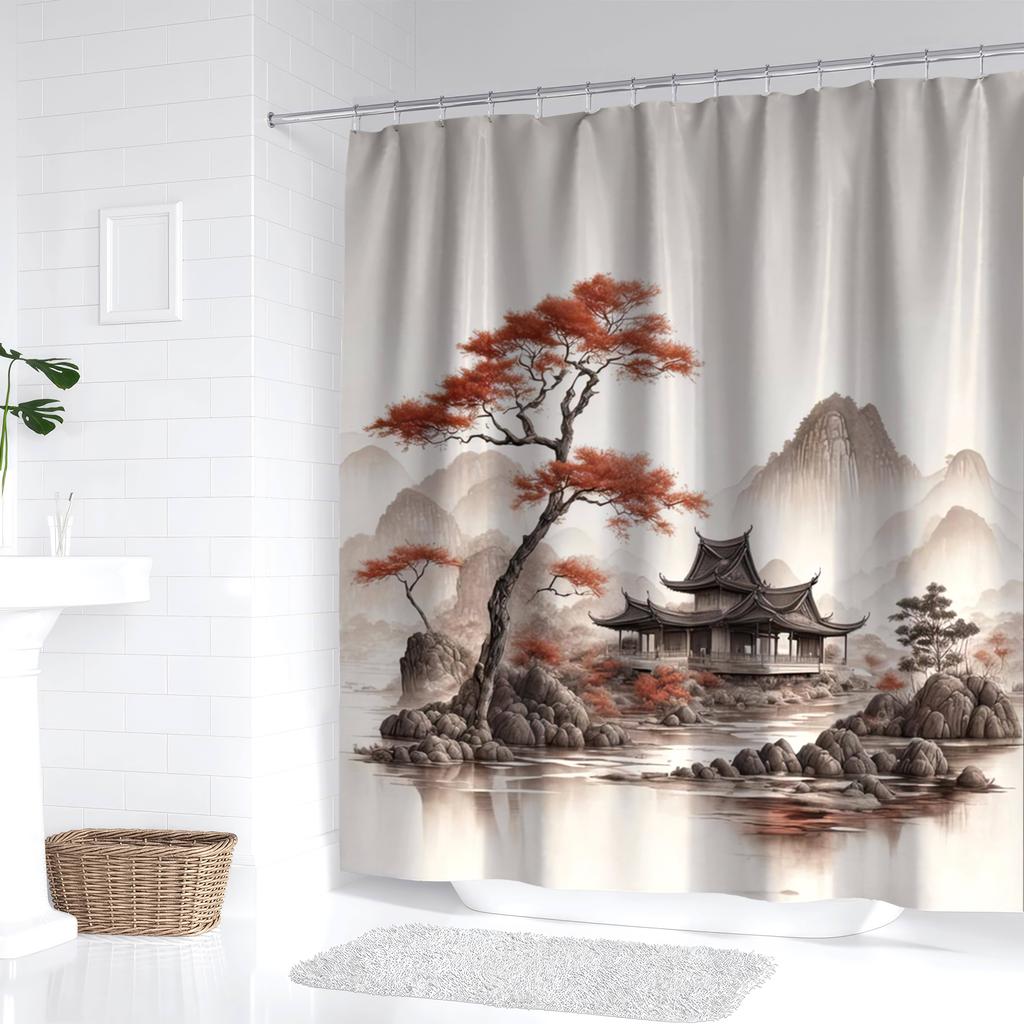 YWJHUI Polyester Shower Curtain - Chinese Ink Landscape: Serene Mountains & Stream, Nature-Inspired Decor, Easy-Install Hooks