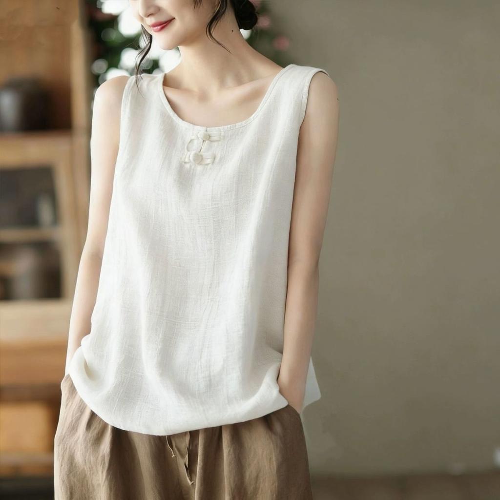 Ethnic Retro Solid Color Cotton Linen Loose Round Neck Frog Button Tank Top Women Outer Wear Casual Top