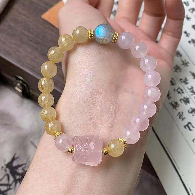 Přírodní blond krystalový prášek Křišťálový lev Náramek Módní pár bracelet pro muže a ženy, Wang Květ Broskvoně