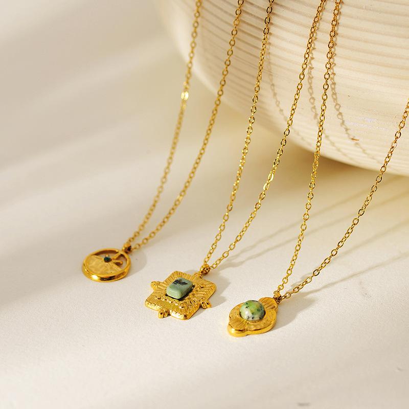 Titanium Steel African Turquoise Natural Stone Pendant Necklace Women's Retro French Simple Collarbone Chain Stainless Steel Gold-plated Necklace
