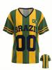 Fashion Y2K Brazil Style Jersey Green & Yellow Striped Print Loose V-Neck T-Shirt Streetwear Style Women Sporty Stylish T Shirt