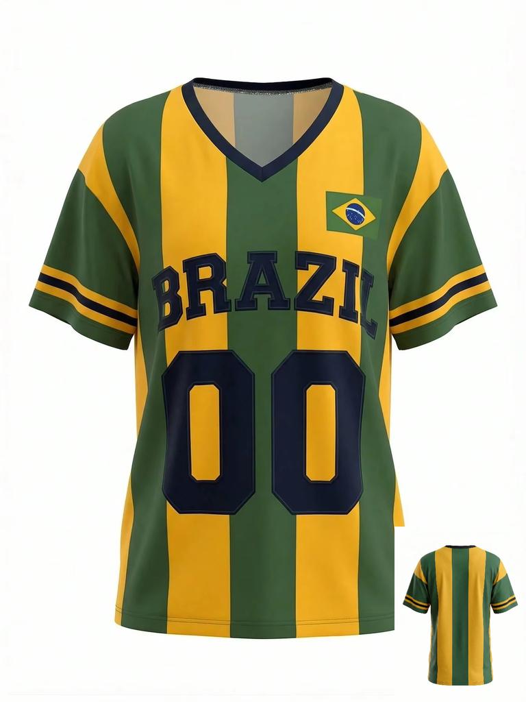 Fashion Y2K Brazil Style Jersey Green & Yellow Striped Print Loose V-Neck T-Shirt Streetwear Style Women Sporty Stylish T Shirt
