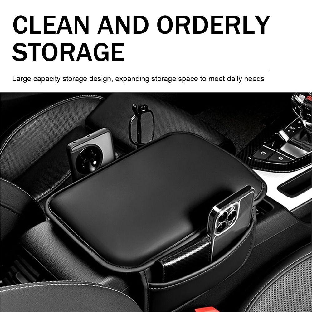 Universal Car Center Console Cover Leather Material Soft Cushion Leather Armrest Cover 2 Storage Bags Durable Protective Cushion