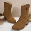 Embroidery Western Cowboy Boots Women Autumn New Pu Leather Square Heel Ankle Boots Woman Slip-On Med Heel Chelsea Botas Mujer