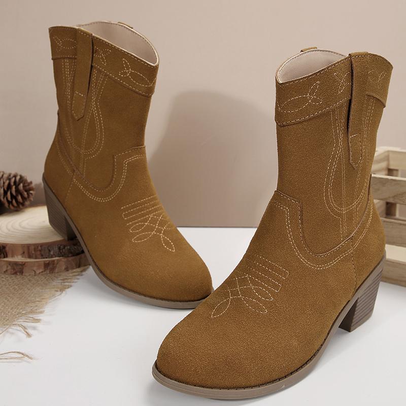 Embroidery Western Cowboy Boots Women Autumn New Pu Leather Square Heel Ankle Boots Woman Slip-On Med Heel Chelsea Botas Mujer