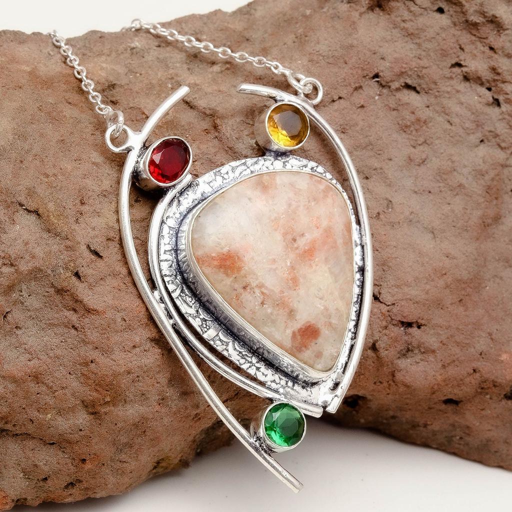 Sunstone Citrine Gemstone Mother's Day Antique Silver Jewelry Necklace 20 In