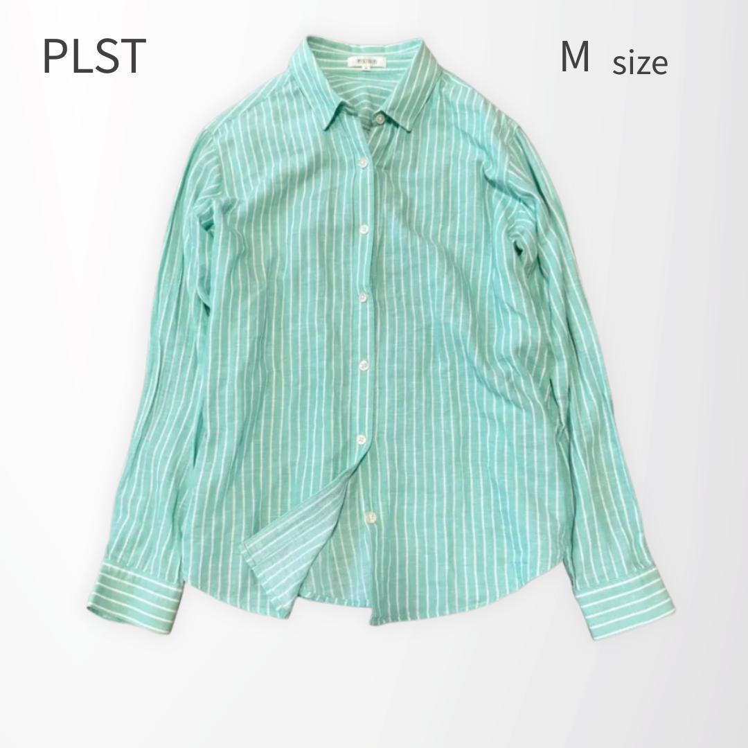 [347] PLST Linen Cotton Striped Blouse M Green Washable