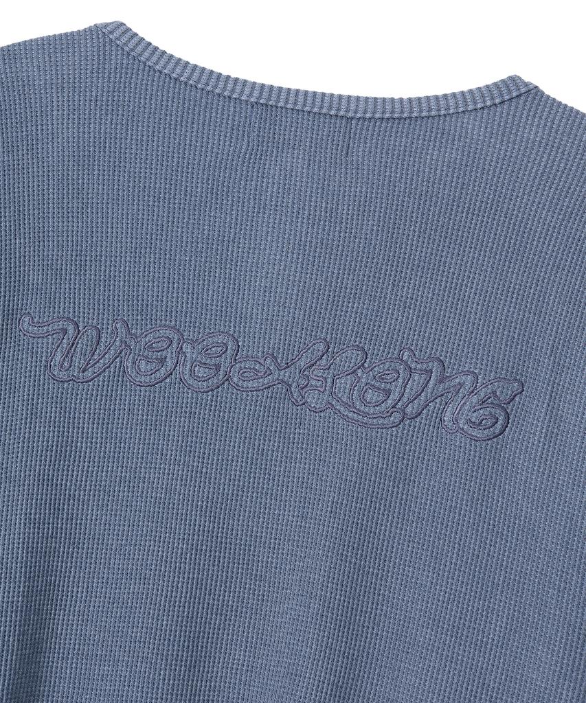 Uallong Layered Loose Waffle Henley Neck Long Sleeve Tee - Fade Navy