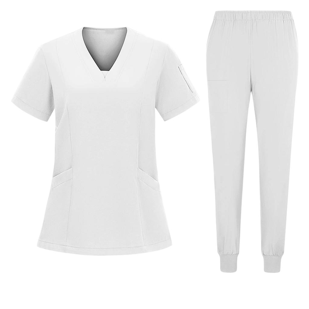 Women's Short Sleeved Color Round Neck Pocket Top Pants Work Clothes Two Piece Set