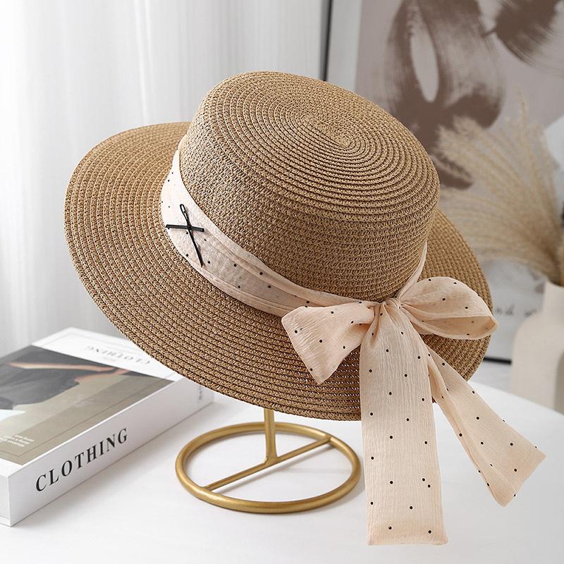 Small fresh straw hat women's flat top top hat sunshade sunscreen hat travel vacation fashion polka dot straw weaving sun hat tide