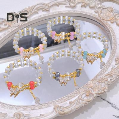 Women Bracelet with Elastic Cord Butterfly Pendant Tassel Faux Opal Contrast Color Good Fortune Symbolization Bestie Birthday Gift Wrist Jewelry