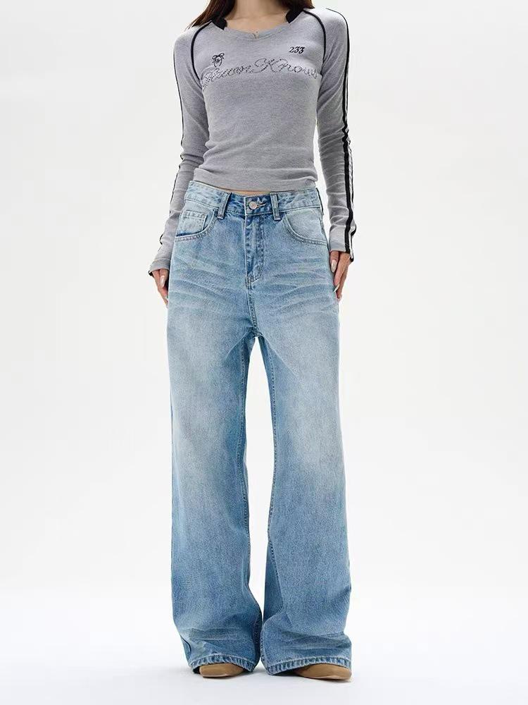 

Унисекс Y2K Ретро Джинсы с широкими штанинами с эффектом стирки - Свободный крой, Повседневные длинные брюки Large