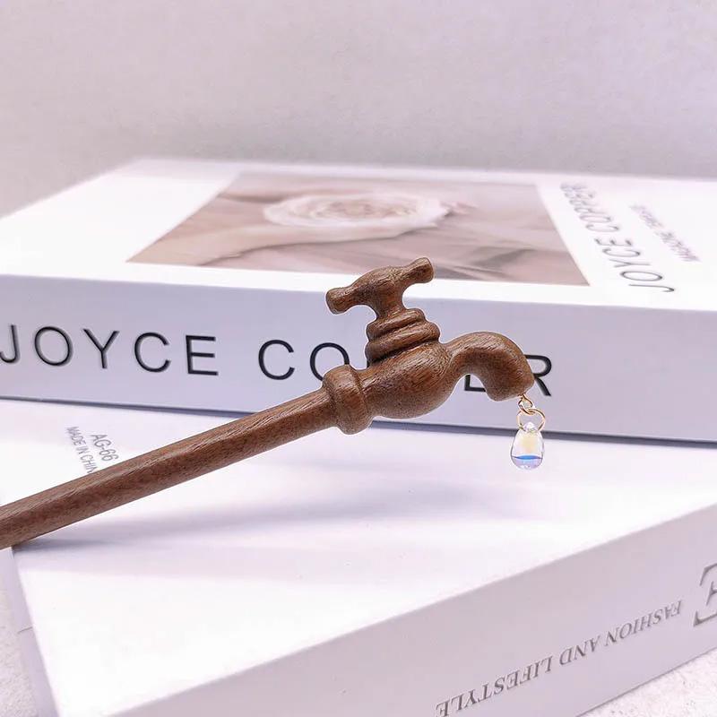 1Pc Faucet Hairpin New Chinese Style Water Droplet Shape Ancient Headwear Wood Hairpin Fun Headwear Disk Hair Artifact