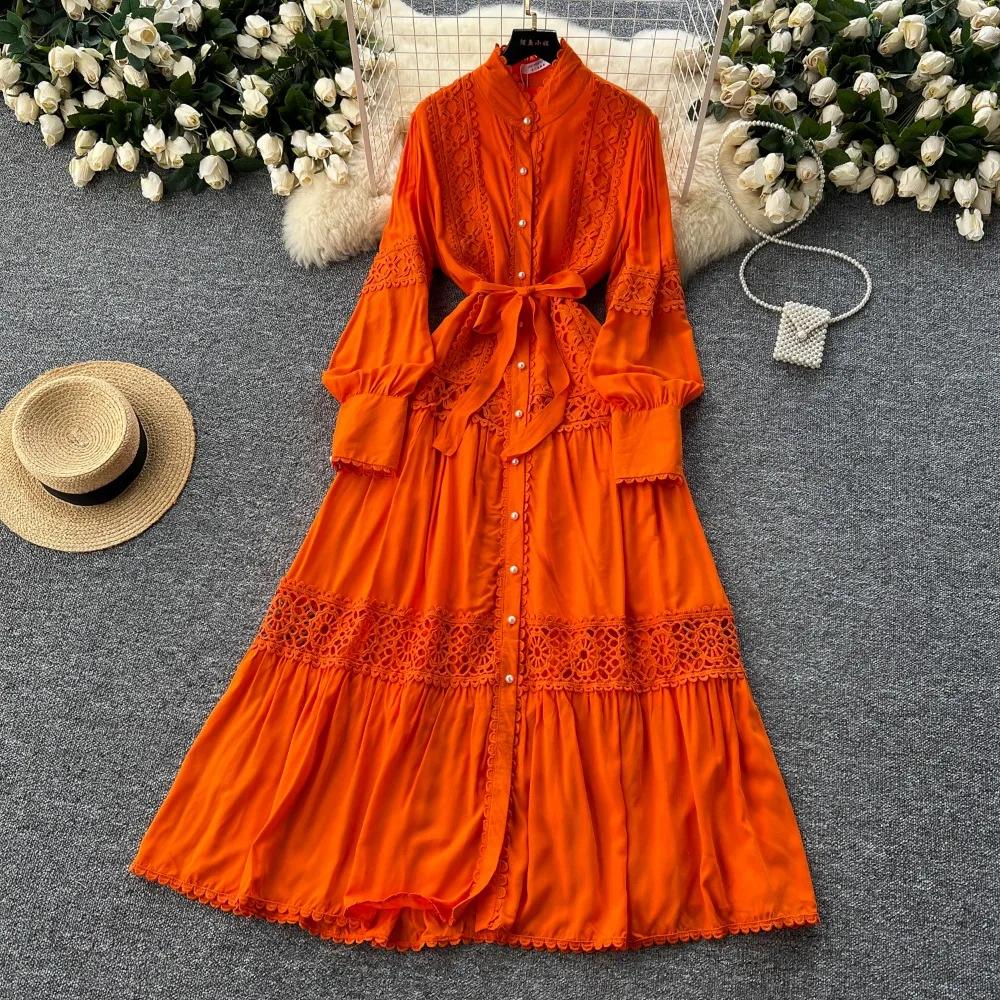 Harajuku Stand Collar Lantern Sleeve Lace Mujer Lace Up Mid-length French Style Dresses Patchwork Hollow Out Robe