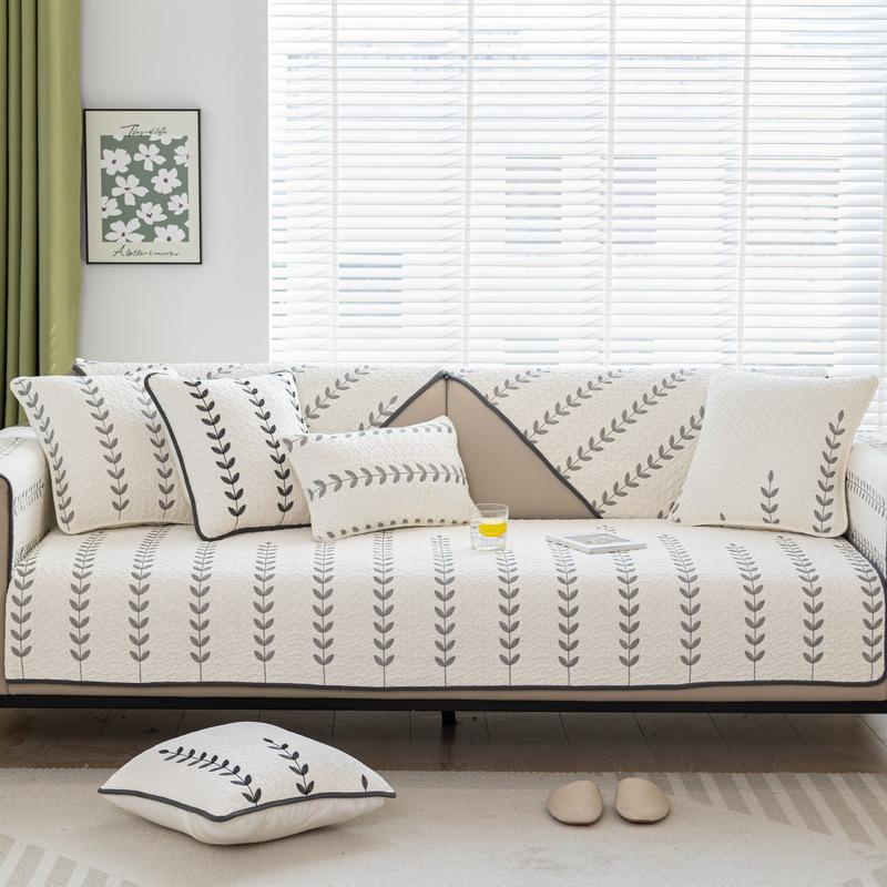 Pure Cotton Embroidery Leaf Sofa Cushion Cover Living Room Stripe Geometric Universal Sofa Cover Non-Slip Simplicity Couch Mat