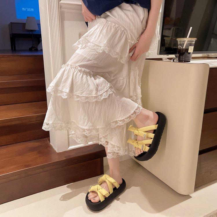 

2025 лето новые тапочки с бантом на толстой подошве, шлепанцы с открытым носком, модные серебристые босоножки на среднем каблуке 35 жёлтый