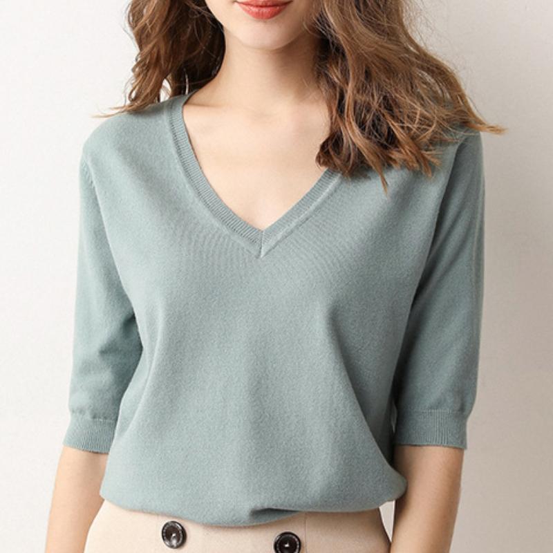 IHUASU Women's Spring Short-sleeved Jumper Knitwear V-neck Tide with Loose Bottoming Shirt T-shirt
