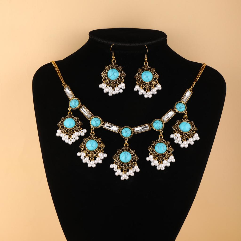 Boho Ethnic Rhinestone Tassel Necklace Earrings Set for Women, Vintage Statement Jewelry, Sparkling Fashion Accessories