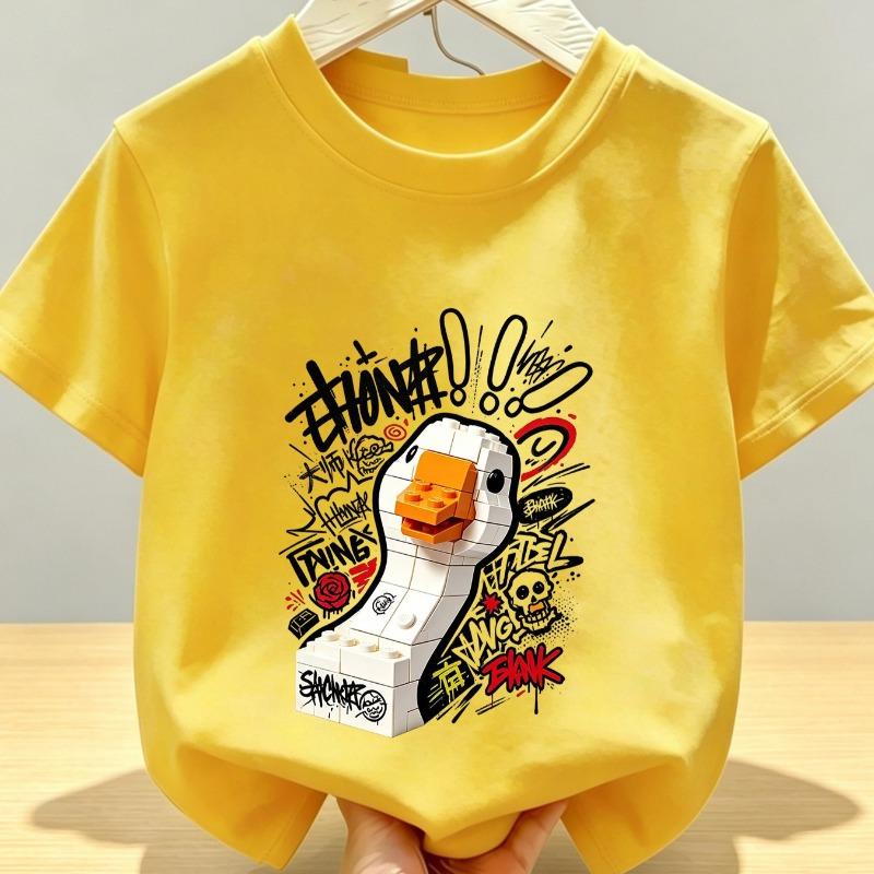 Kids Creative Building Block Doodle White Goose Print Crewneck Short Sleeve Tee