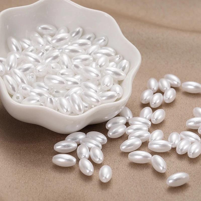 200Pcs Long Oval Abs Imitation Pearl Beads White Plastic Loose Spacer For Diy Jewelry Bracelets Necklaces Crafts Making Wedding