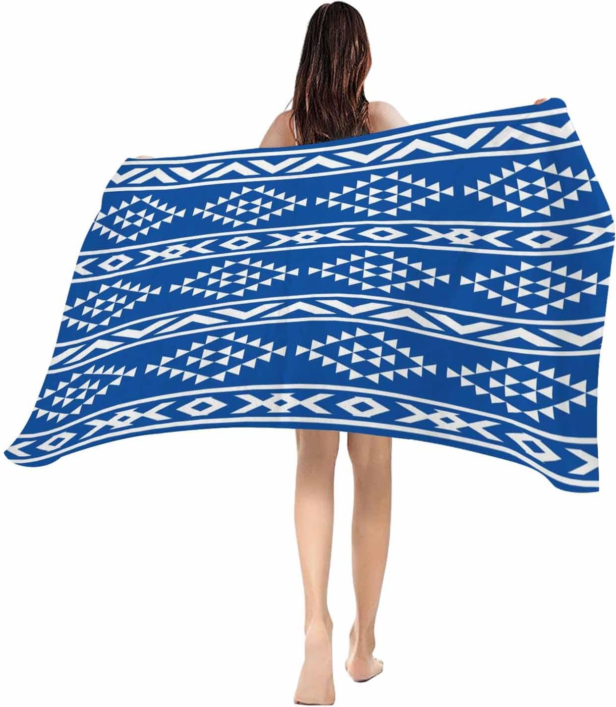 Beach Towel Blue Tribal Geometric Bath Pool Towels Abstract Boho Ethnic Soft Absorbent Beach Towel Lightweight Large Quick Dry W30*H60(CM)