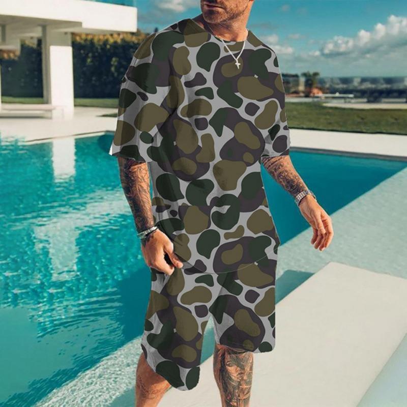 Summer Casual Breathable and Refreshing Sports Suit Oversized Men's Top Y2K Style 3D Printed Format Pattern Short Sleeve T-Shirt Man 2-Piece