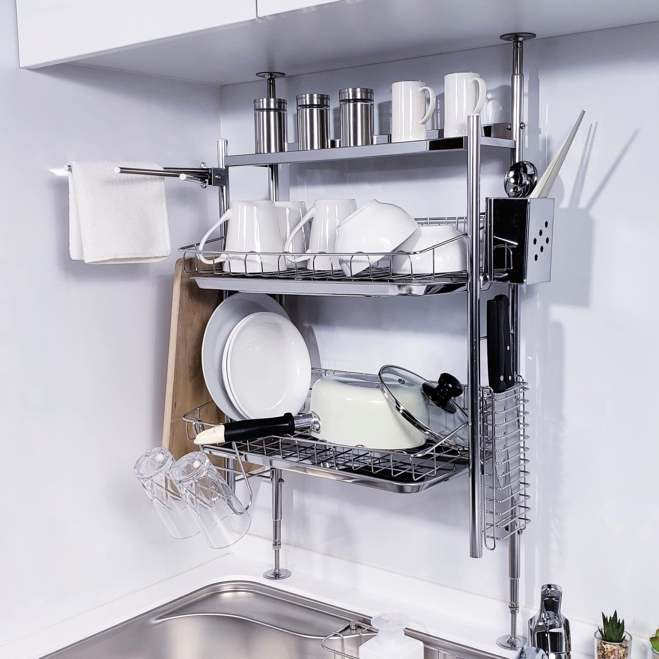 

Tsubamesanjo полка для сушки над раковиной из нержавеющей стали 2-уровневая корзина для сушки большой емкости Perfect Type Tension Tension Сделано в Японии серебряный