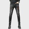 Trendy European Men's Black Slim Fit Skinny Jeans with Calf Embroidery
