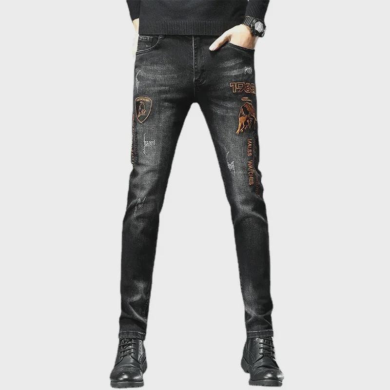 Trendy European Men's Black Slim Fit Skinny Jeans with Calf Embroidery