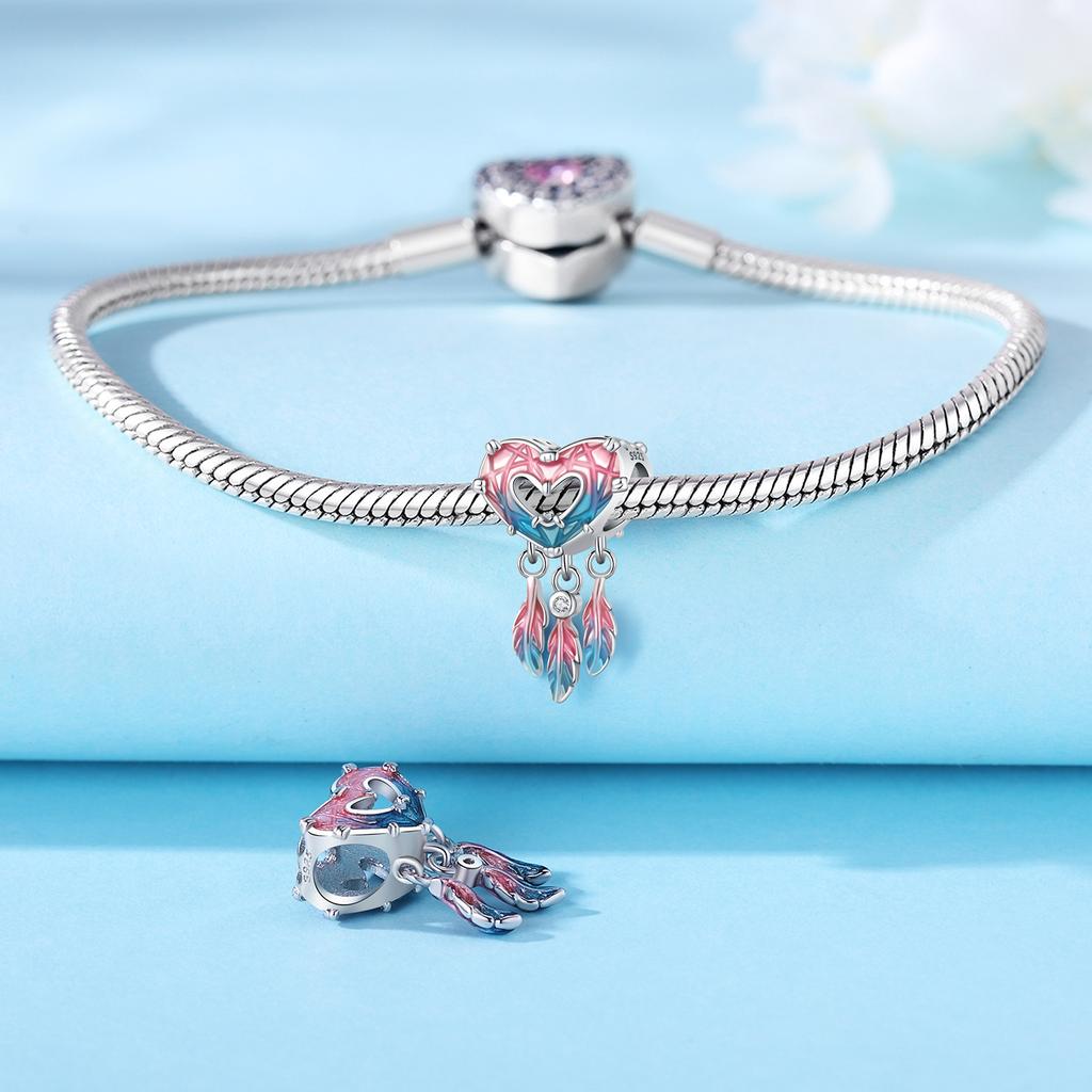Original Copper Charms Luxury Heart Purple-Blue Feathers Beads Fit Bracelet Diy Women Making Delicate Gift