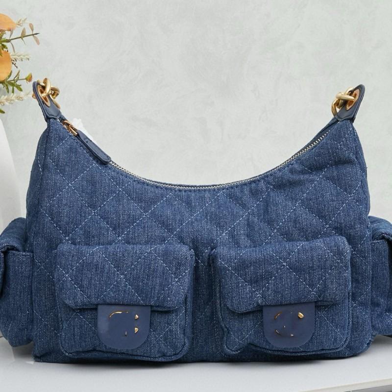 

Xiaoxiangjia 2025c Hobo All-matching Fashionable Trendy Handbag New Large-capacity Leather Diamond-grid Design 30X22X12 темно-синього кольору