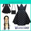 Wednesday Addams Dress Wig Cosplay Costume For Kid Girl Halloween Xmas Party