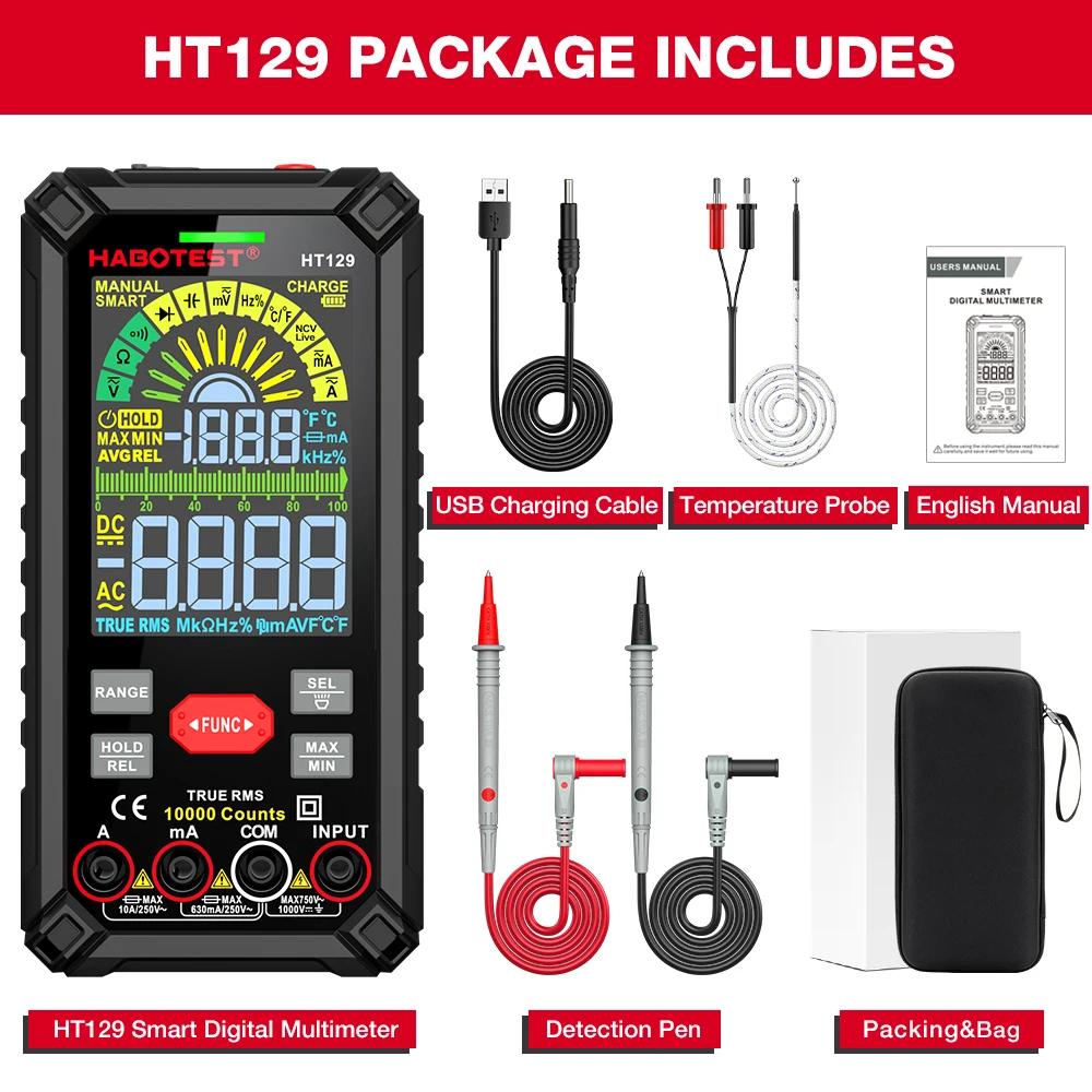 

HT129 Smart Digital Multimeter 9999 Counts AC/DC Ammeter Voltmeter USB Rechargeable Ohm Diode NCV Multimeter Tester Color Screen