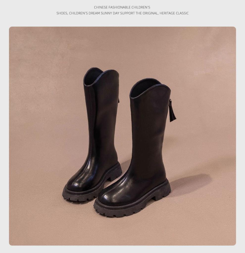 Girls' Knee-High Leather Boots: 2026 Autumn/Winter, High-Top, Plus Velvet.