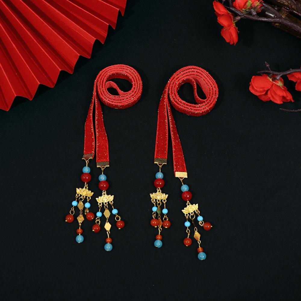 Butterfly New Year Hair Rope Bell Girls Ribbon Head Rope Cute Satin Red Long Headband  Festival