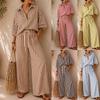 2026 Womens Striped Long Sleeve Shirt Loose Pants Set Cotton Linen Casual Two-Piece Outfit Fall