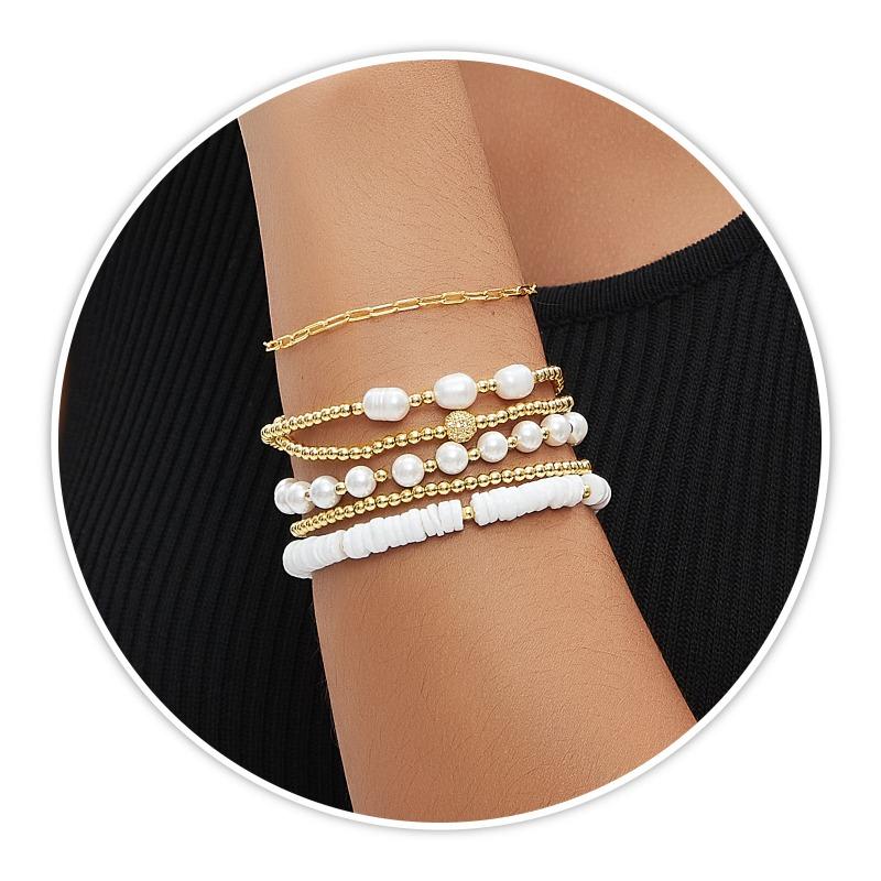 Meier 18k Copper Plated Beaded Elastic Bracelet Imitation Pearl Multi-layered Beaded Bracelet Easiest for Match
