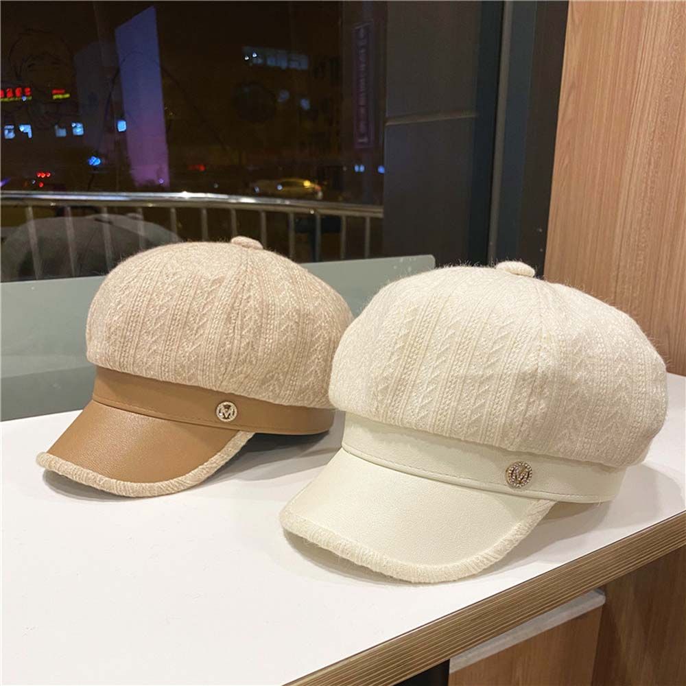 Girl With Stripe Autumn Letters Winter Korean Style Hat Painter Hat PU Leather Women Berets