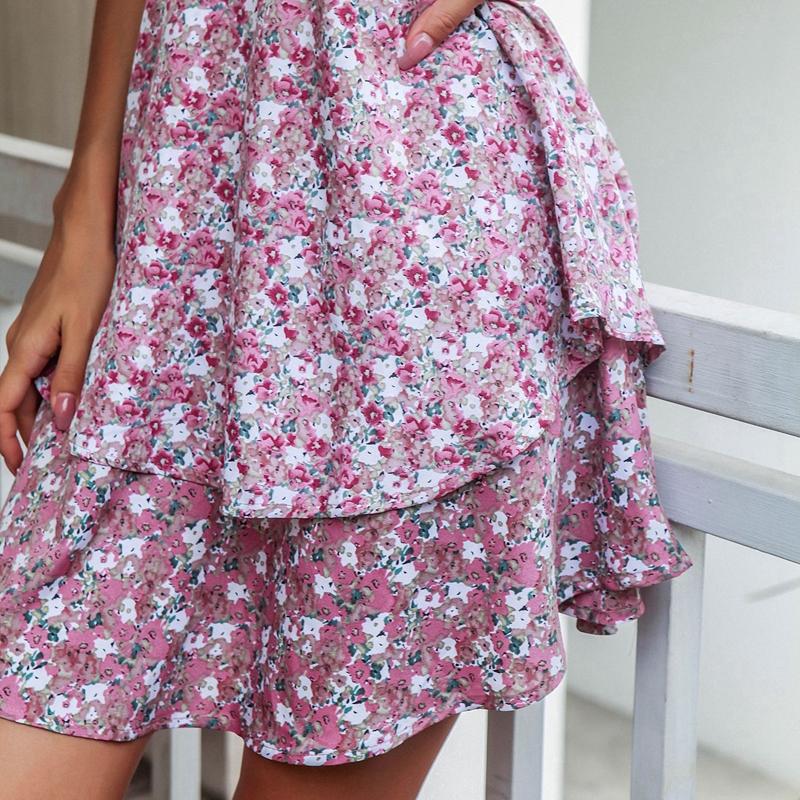 Aboe Knee Short Puff Sleeve Women Spring Summer Dress A-Line Slash Neck  High Waist Slim Cascading Ruffle Floral Print S-XL